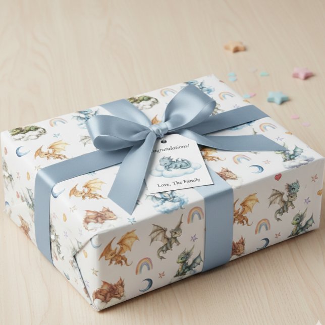 Papier Cadeau Bébé mignon Dragon Aquarelle Nuages Nuit (Créateur téléchargé)