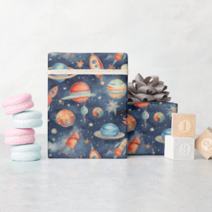 Papier Cadeau Bébé mignon Espace Planète Aquarelle Bleu Orange