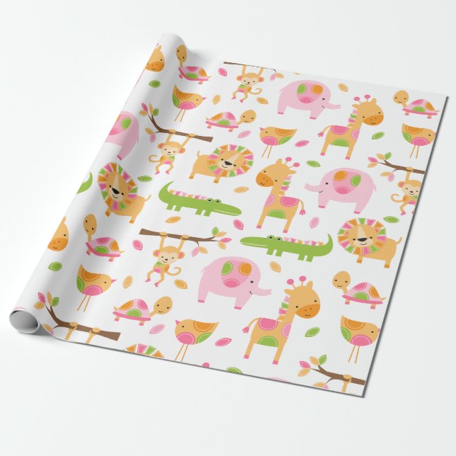 Papier Cadeau Bébé mignon fille rose Jungle papier d'enveloppeme (Déroulé)