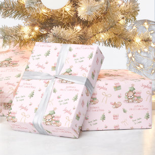 Papier Cadeau Bébé mignon fille rose Nom Texte Noël