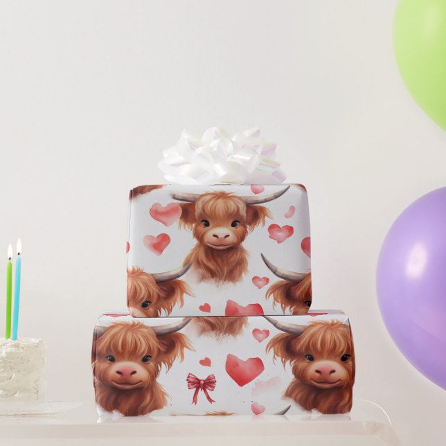 Papier Cadeau Bébé mignon Highland Cow Valentine Motif de coeur  (Cadeaux de fête)