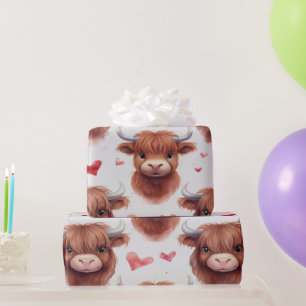 Papier Cadeau Bébé mignon Highland Cow Valentine Motif de coeur