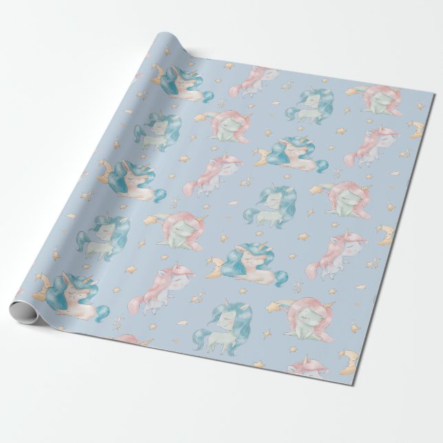 Papier Cadeau Bébé mignon Unicorn rose bleu pastel Nursery Child (Déroulé)