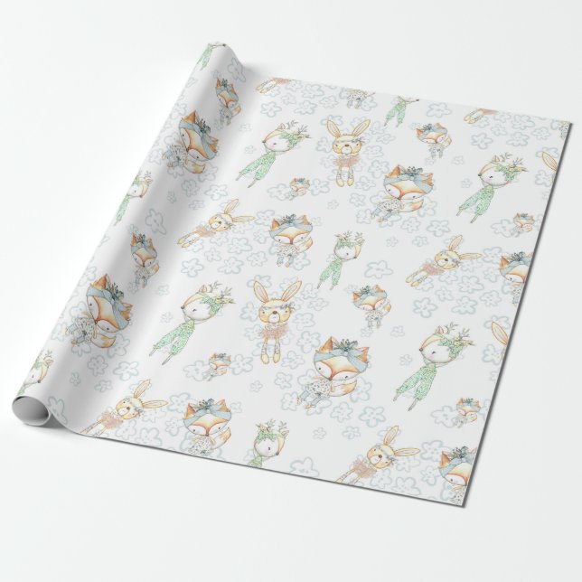 Papier Cadeau Bébé mou Forêt de bois Animaux Fox Bunny (Déroulé)