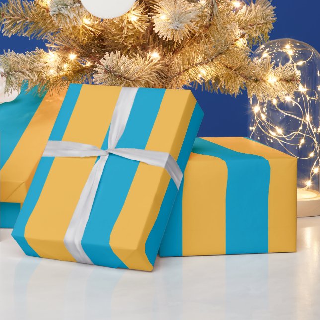 Papier Cadeau Bébé personnalisé Bleu et Jaune en bandes vertical (Vacances)