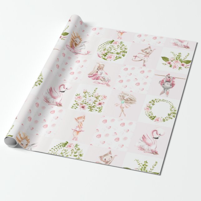Papier Cadeau Bébé Rose Floral Animaux Couette Motif (Déroulé)