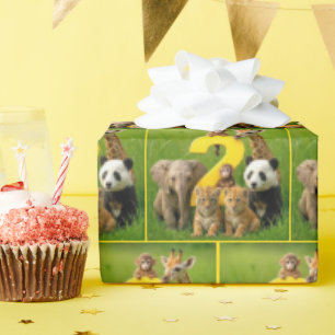 Papier Cadeau Bébés Animaux Africains Avec un Grand Numéro Deux