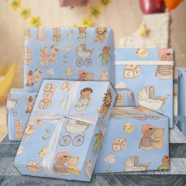 Papier Cadeau Bébés & Animaux Bleu International (Babies & Animals International Blue Gift Wrapping Paper Rolls)