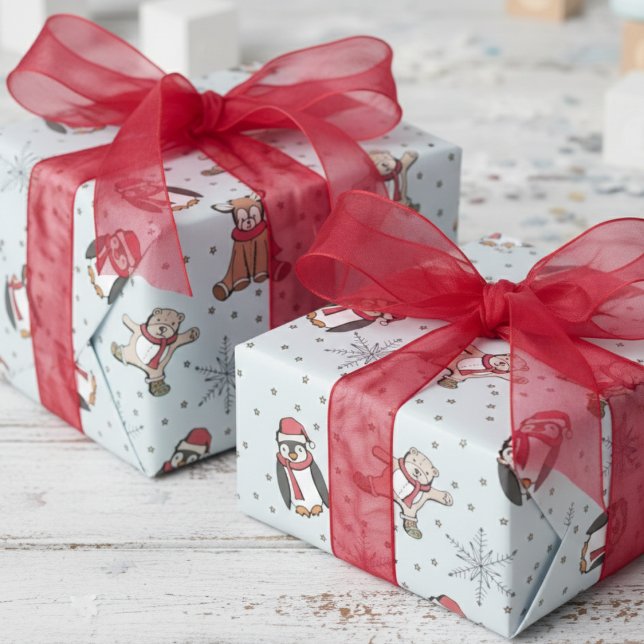 Papier Cadeau Bébés Bleus doux Premiers animaux d'hiver de Noël (Baby Blue Winter Stuffed Animals, Snowflakes, Polka Dots Pattern Gender Neutral Xmas Kids Gift Wrap)