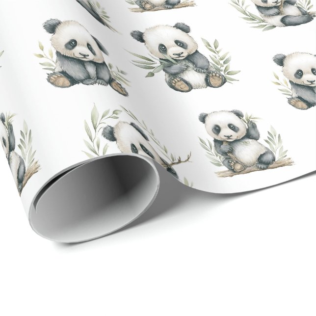 Papier Cadeau Bébés pandas mignons en aquarelle mangeant du bamb (Coin rond)