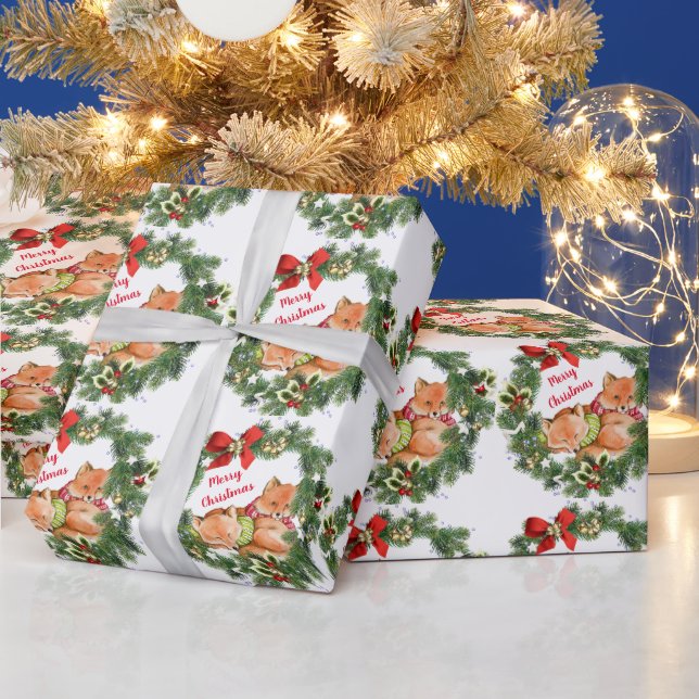 Papier Cadeau Bébés renards mignons en écharpes de Noël Vacances (Vacances)
