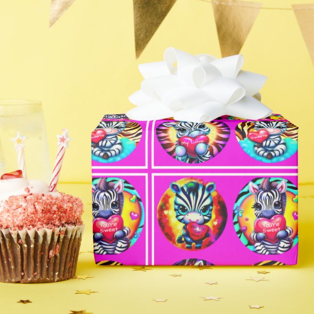 Papier Cadeau Bébés zèbres mignons avec des coeurs (Fête d'anniversaire)