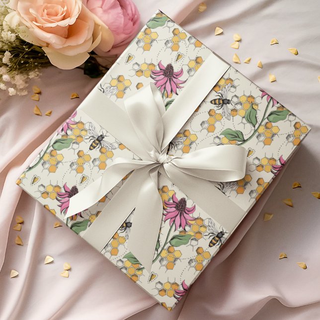Papier Cadeau Bee de la reine, peigne de miel et fleurs exotique (Elegant Hand-Drawn Buzzing Queen Bee, Honeycomb & Pink Exotic Flower Gift Wrap for Nature Lovers.)
