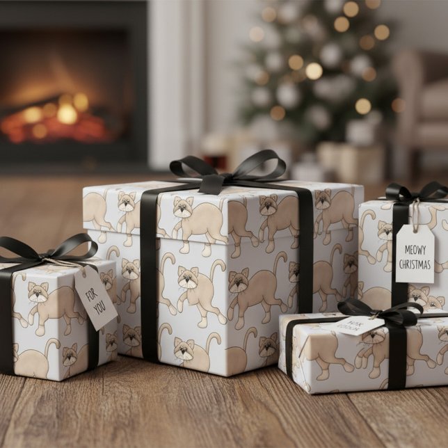 Papier Cadeau Beige Cat Drawing with Green Eyes (Créateur téléchargé)