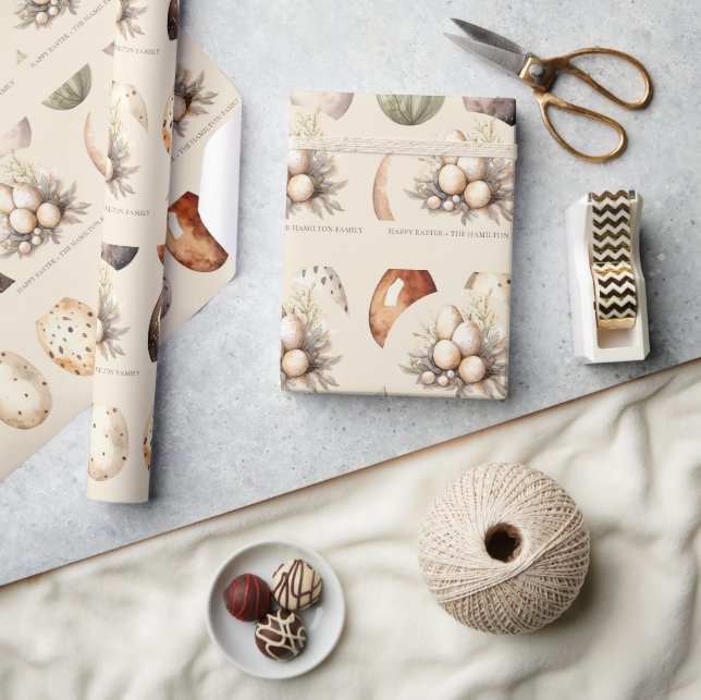 Papier Cadeau Beige Pastel Easter Eggs Family Name (Artisanat)