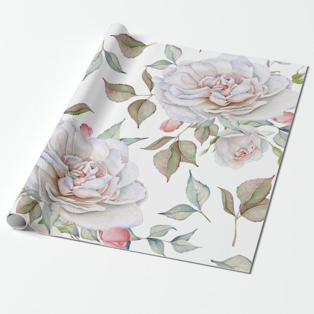 Papier Cadeau Belle Aquarelle blanche et rose Rose design (Déroulé)