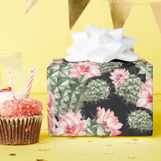 Papier Cadeau Belle aquarelle Cactus Motif rose vert rose (Fête d'anniversaire)