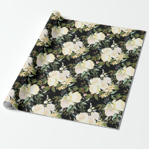 Papier Cadeau Belle aquarelle de Roses blanches sur noir