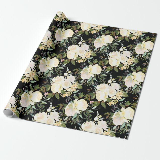 Papier Cadeau Belle aquarelle de Roses blanches sur noir (Déroulé)