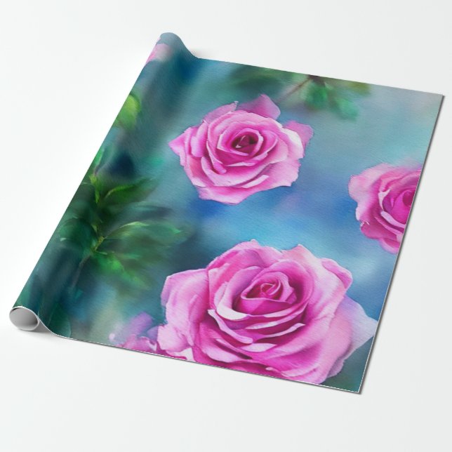 Papier Cadeau Belle Aquarelle tendance Collection Roses roses ro (Déroulé)