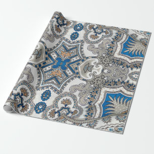 Papier Cadeau Belle arabesque blanche et bleue, motif islamique