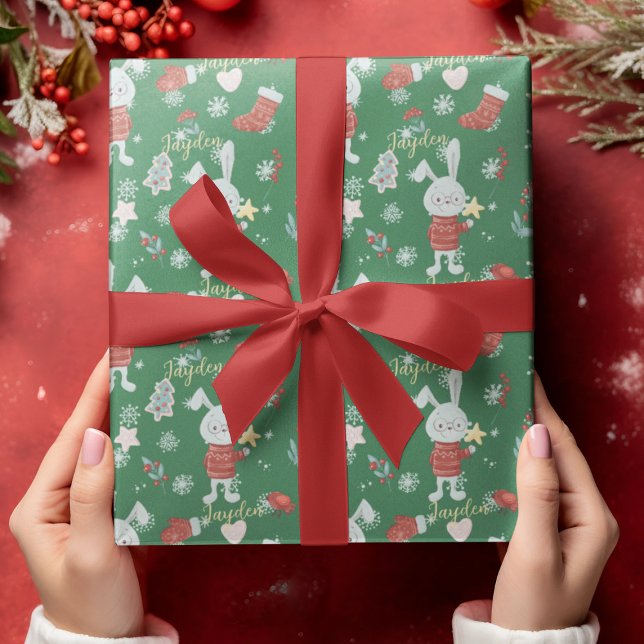 Papier Cadeau Belle Cartoon Animaux Lapin Vert Rouge Personnalis (Cute Cartoon Animals Bunny Green Red Custom Wrapping Paper
)