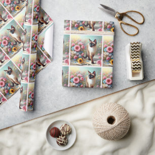 Papier Cadeau Belle chat et fleurs siamois