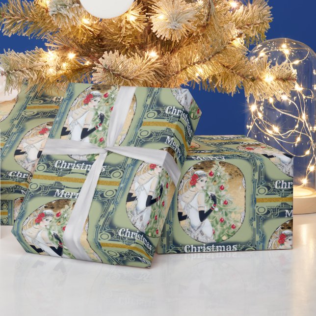 Papier Cadeau Belle dame rétro et sapin de Noël (Vacances)