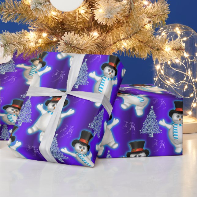 Papier Cadeau Belle Dancing Snowmen à Noël Bleu (Créateur téléchargé)