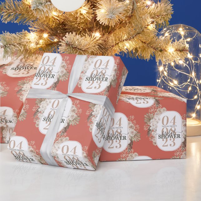 Papier Cadeau Belle Fête des mariées Florale Avec Nom | Date (Vacances)