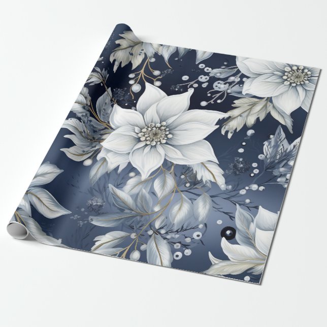 Papier Cadeau Belle Flore de Noël Bleu (Déroulé)