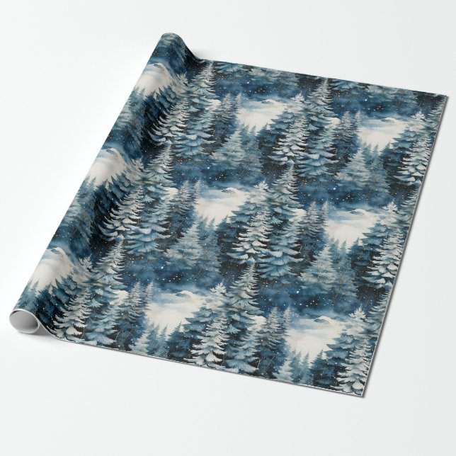 Papier Cadeau Belle forêt de pins neigeux Noël (Déroulé)