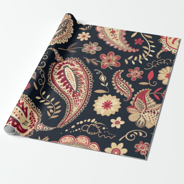 Papier Cadeau Belle Paisley Motif Dark Navy Et Rouge Mix (Déroulé)