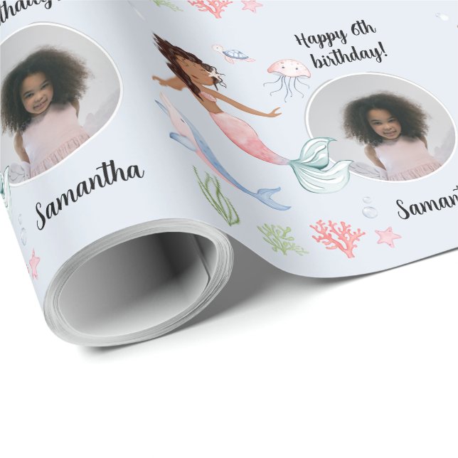 Papier Cadeau Belle photo personnalisée Texte Sirène sous la mer (Coin rond)
