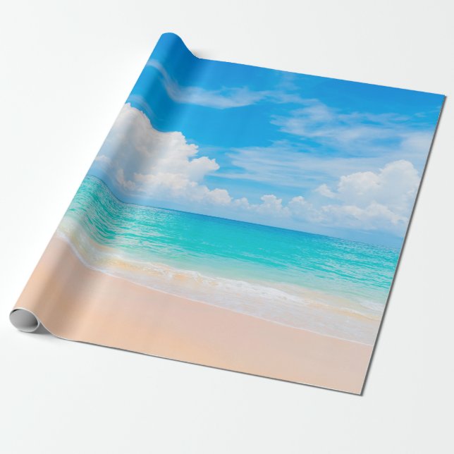 Papier Cadeau Belle plage tropicale avec ciel bleu et c blanc (Déroulé)
