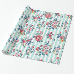 Papier Cadeau Belle tendance girly vintage rayures bleues rose