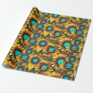 Papier Cadeau Belle tournesol Jaune Turquoise Motif Abstrait