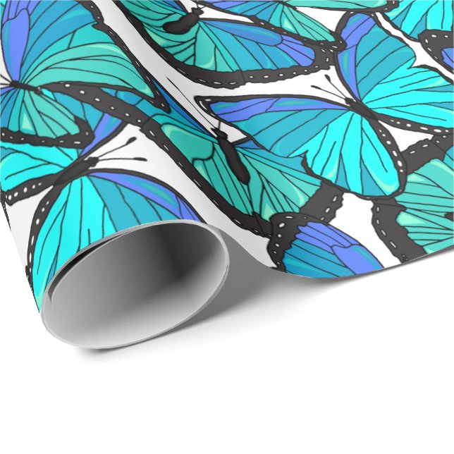 Papier Cadeau Belle Tropical Blue Morpho Papillons Imprimer (Coin rond)