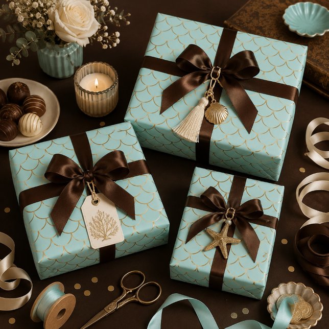 Papier Cadeau Belles écailles de sirène bleues et dorées (Créateur téléchargé)