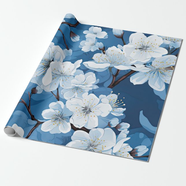 Papier Cadeau Belles fleurs bleues blanches (Déroulé)