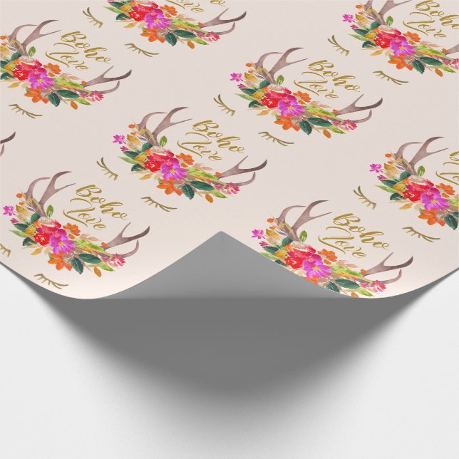 Papier Cadeau Belles fleurs Boho Love Renne Bois Cerf Cils (Coin)