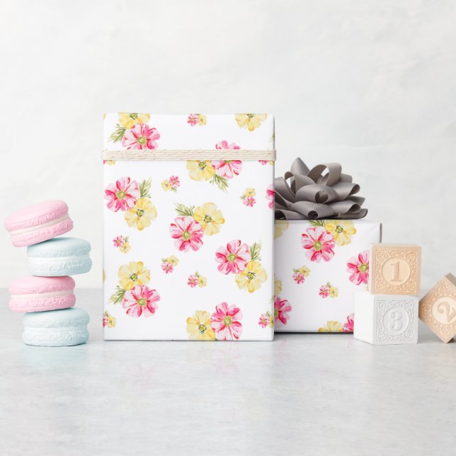Papier Cadeau Belles fleurs d'aquarelle rose et jaune (Baby Shower)