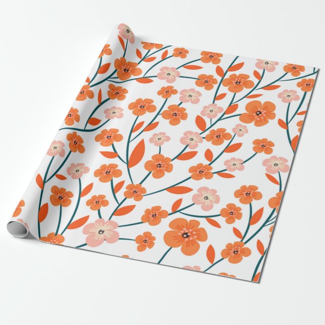Papier Cadeau Belles fleurs orange et pastel patte transparente (Déroulé)