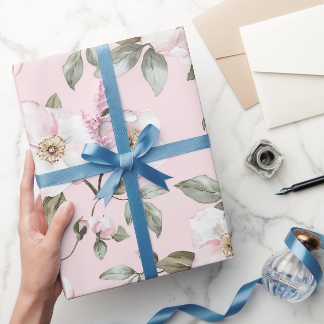 Papier Cadeau Belles Fleurs Roses et Blanches pour Mariage (Cadeaux)