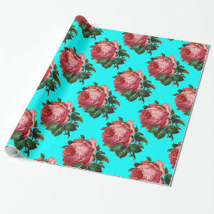 Papier Cadeau BELLES ROSES ROSES ROSES ROSES, Turquoise Bleu Tur