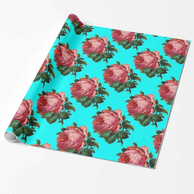 Papier Cadeau BELLES ROSES ROSES ROSES ROSES, Turquoise Bleu Tur (Déroulé)