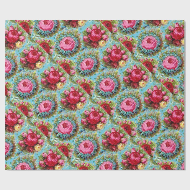 PAPIER CADEAU BELLES ROSES ROUGES PINK JAUNE EN BLEU (Plat)