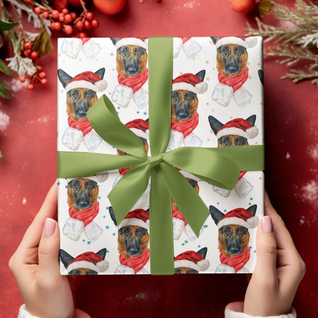 Papier Cadeau Berger allemand Noël Aquarelle Chien se reproduit (Créateur téléchargé)