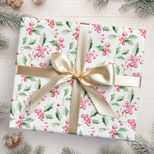 Papier Cadeau Berries de Noël Rose Holly