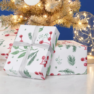 Papier Cadeau Berries d'hiver Verdure Aquarelle vacances